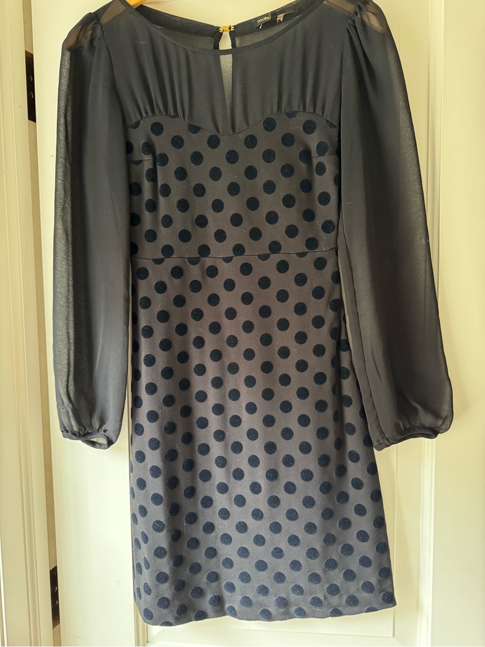 Maje Black Polka Dot Long Sleeve Sheer-Sleeve Shift Dress